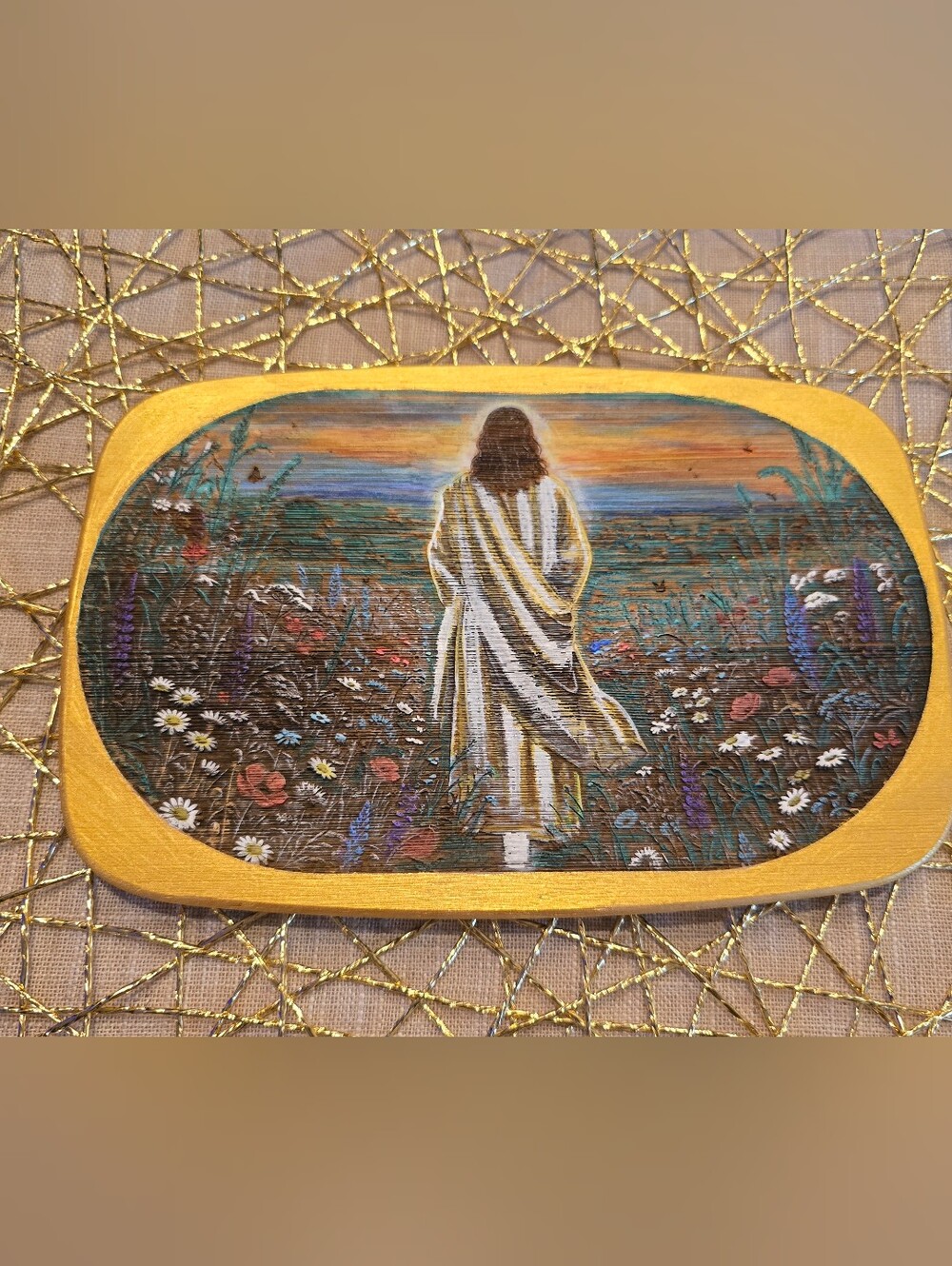 Lasered, Hand Painted Gold-Framed Religious Landscape Wall Art - Golden 11X6